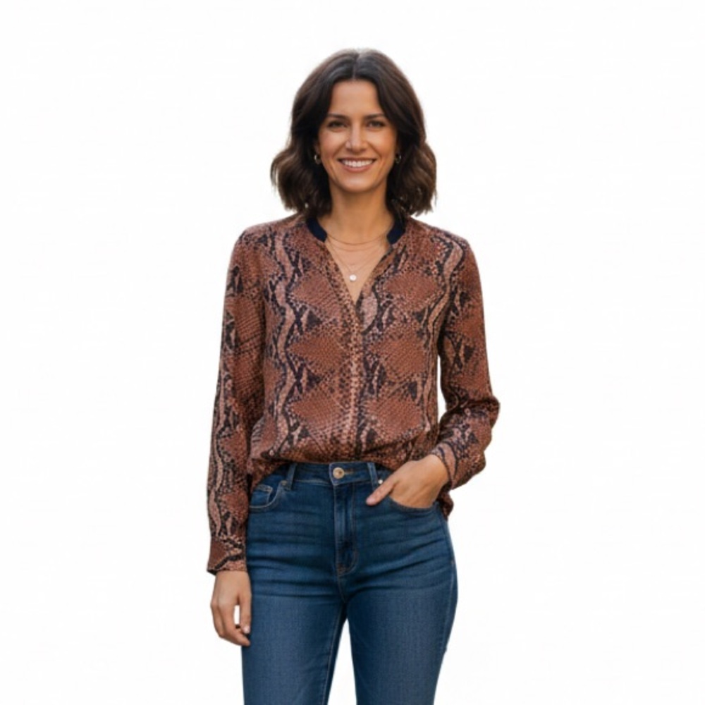 NWOT Rebecca Taylor Long Sleeve Silk Snake print Python brown black blouse